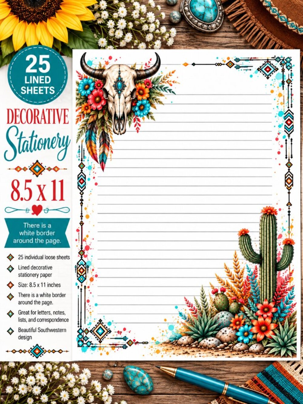 Western Bull Skull Cactus Decorative Stationery 25 Lined Sheets 8.5x11